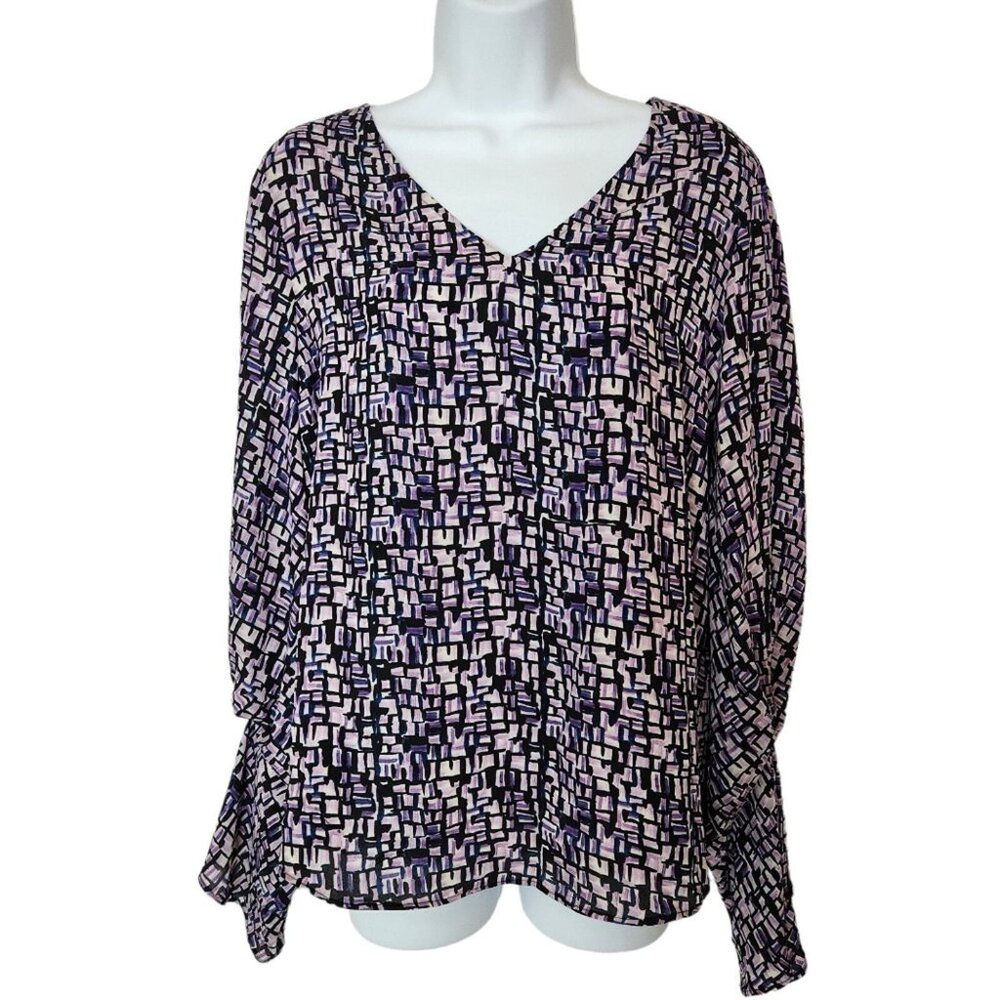 DKNY Long Sleeve Blouse Purple Print V Neck Pleated Sleeves Medium